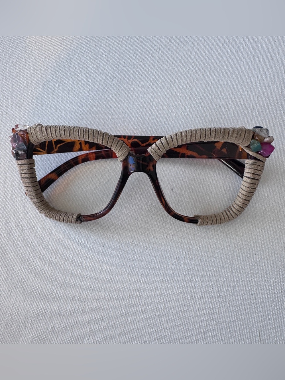 Custom handmade Animal Print Glasses with hemp and precious stones gems crystals